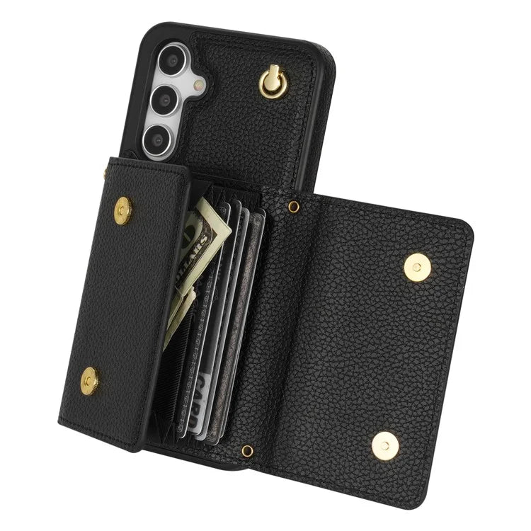 For Samsung Galaxy A14 5G / A14 4G Case Card Holder Kickstand PU Leather+TPU Cover with Shoulder Strap