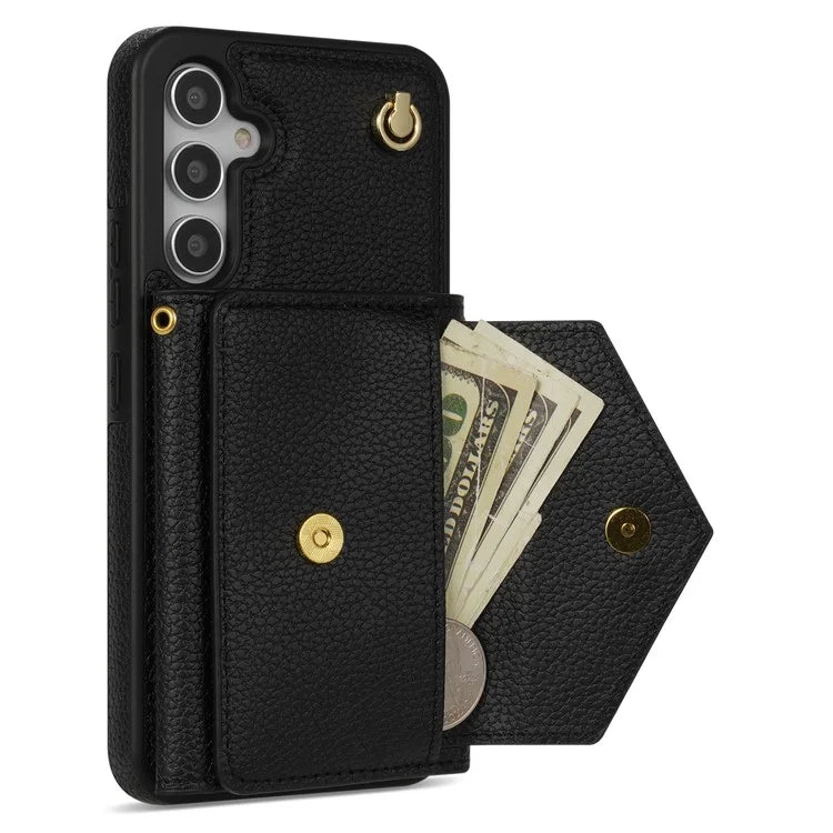 For Samsung Galaxy A14 5G / A14 4G Case Card Holder Kickstand PU Leather+TPU Cover with Shoulder Strap