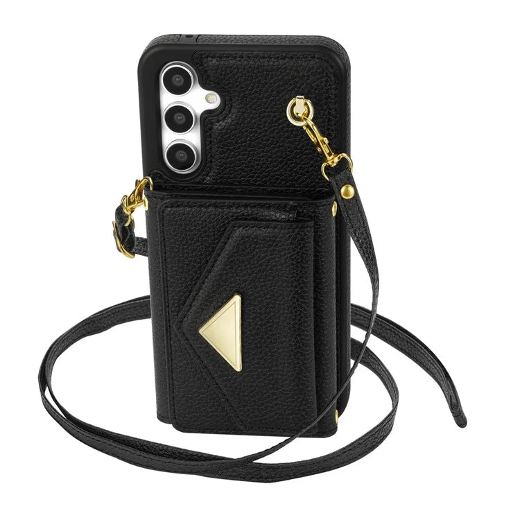 For Samsung Galaxy A14 5G / A14 4G Case Card Holder Kickstand PU Leather+TPU Cover with Shoulder Strap
