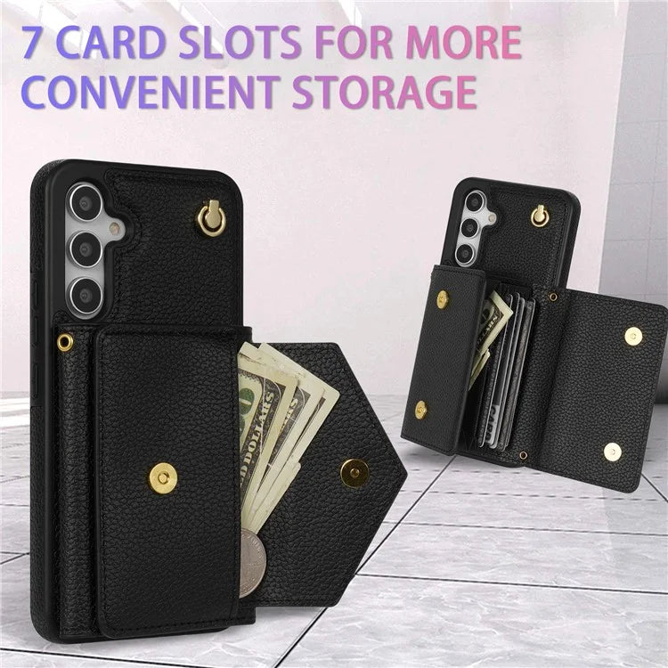 For Samsung Galaxy A14 5G / A14 4G Case Card Holder Kickstand PU Leather+TPU Cover with Shoulder Strap