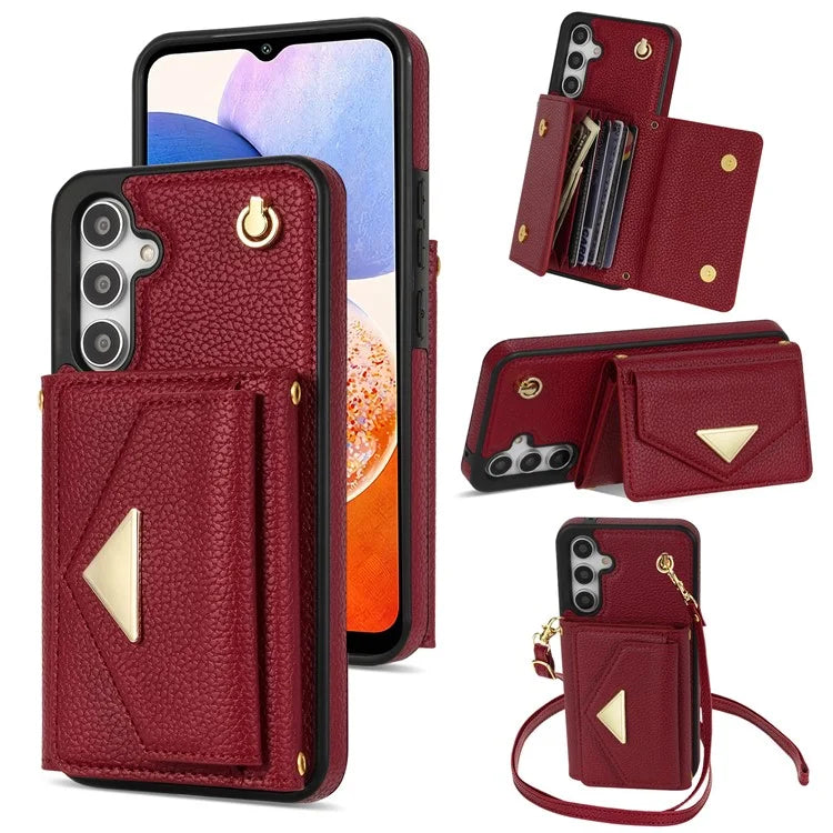 For Samsung Galaxy A14 5G / A14 4G Case Card Holder Kickstand PU Leather+TPU Cover with Shoulder Strap