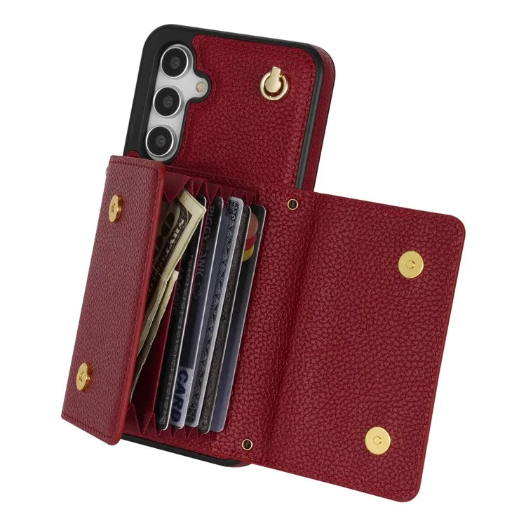 For Samsung Galaxy A14 5G / A14 4G Case Card Holder Kickstand PU Leather+TPU Cover with Shoulder Strap