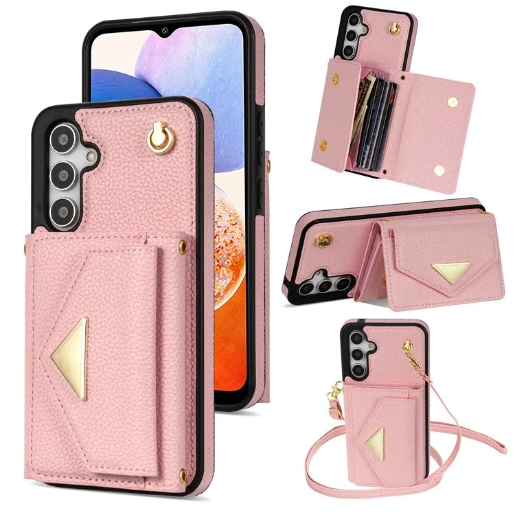 For Samsung Galaxy A14 5G / A14 4G Case Card Holder Kickstand PU Leather+TPU Cover with Shoulder Strap