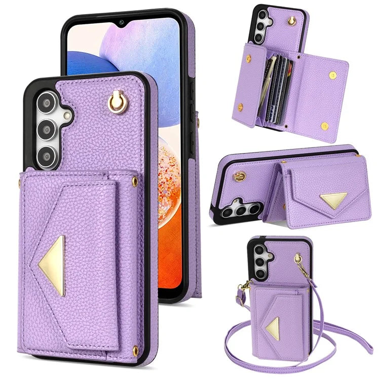 For Samsung Galaxy A14 5G / A14 4G Case Card Holder Kickstand PU Leather+TPU Cover with Shoulder Strap