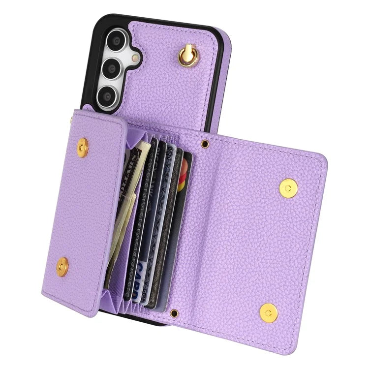 For Samsung Galaxy A14 5G / A14 4G Case Card Holder Kickstand PU Leather+TPU Cover with Shoulder Strap