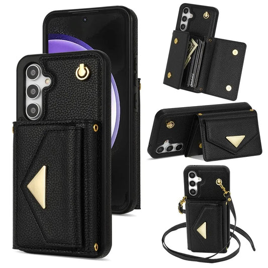 For Samsung Galaxy S23 FE Case PU Leather+TPU Card Holder Kickstand Cover with Shoulder Strap
