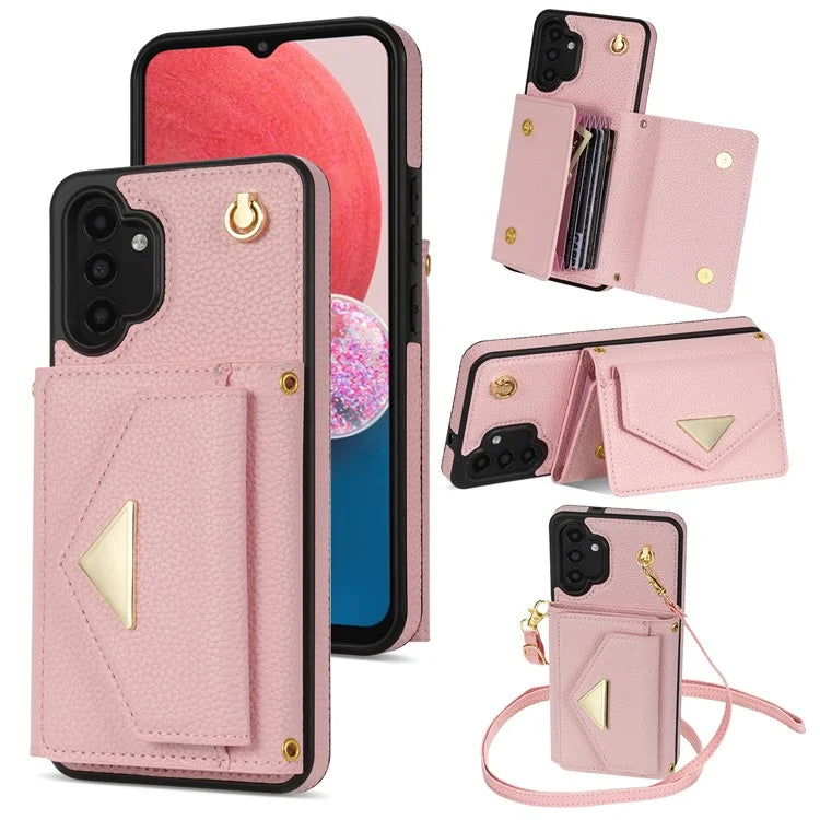 For Samsung Galaxy A13 4G / 5G Case Anti-fall PU Leather+TPU Card Holder Cover with Shoulder Strap
