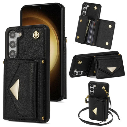 For Samsung Galaxy S23 Case PU Leather+TPU Shell with Card Bag + Shoulder Strap