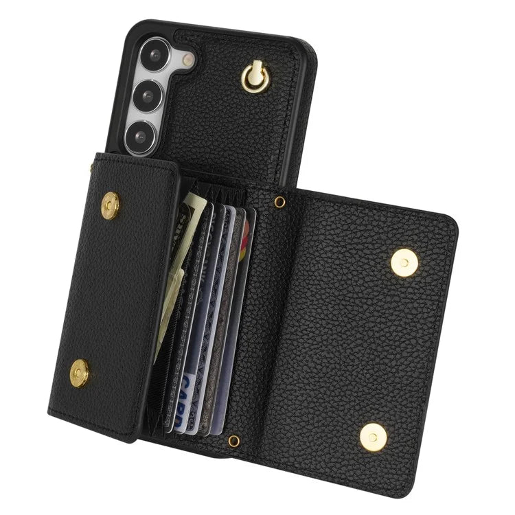 For Samsung Galaxy S23 Case PU Leather+TPU Shell with Card Bag + Shoulder Strap