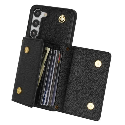 For Samsung Galaxy S23 Case PU Leather+TPU Shell with Card Bag + Shoulder Strap