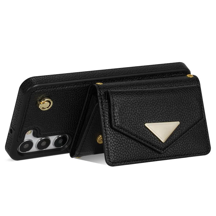 For Samsung Galaxy S23 Case PU Leather+TPU Shell with Card Bag + Shoulder Strap
