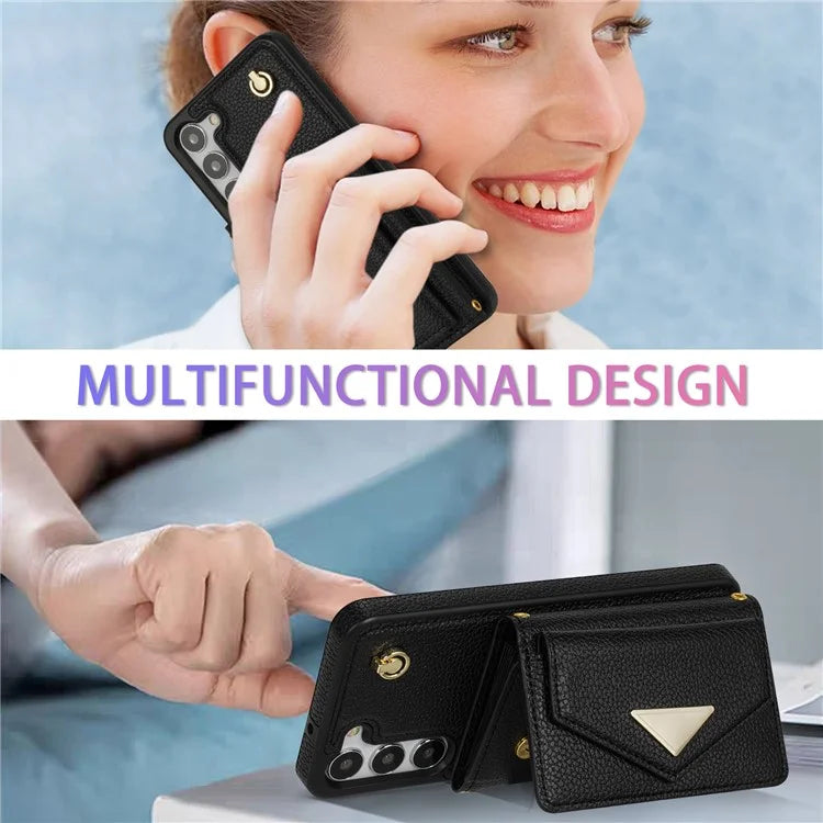 For Samsung Galaxy S23 Case PU Leather+TPU Shell with Card Bag + Shoulder Strap