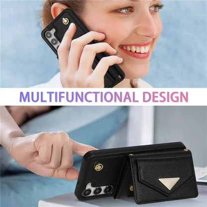 For Samsung Galaxy S23 Case PU Leather+TPU Shell with Card Bag + Shoulder Strap