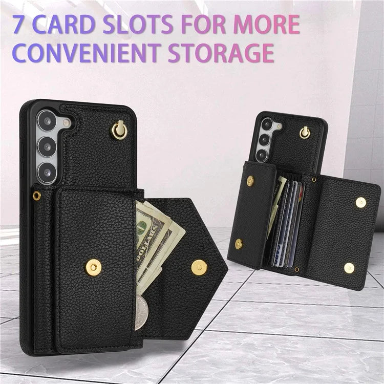 For Samsung Galaxy S23 Case PU Leather+TPU Shell with Card Bag + Shoulder Strap