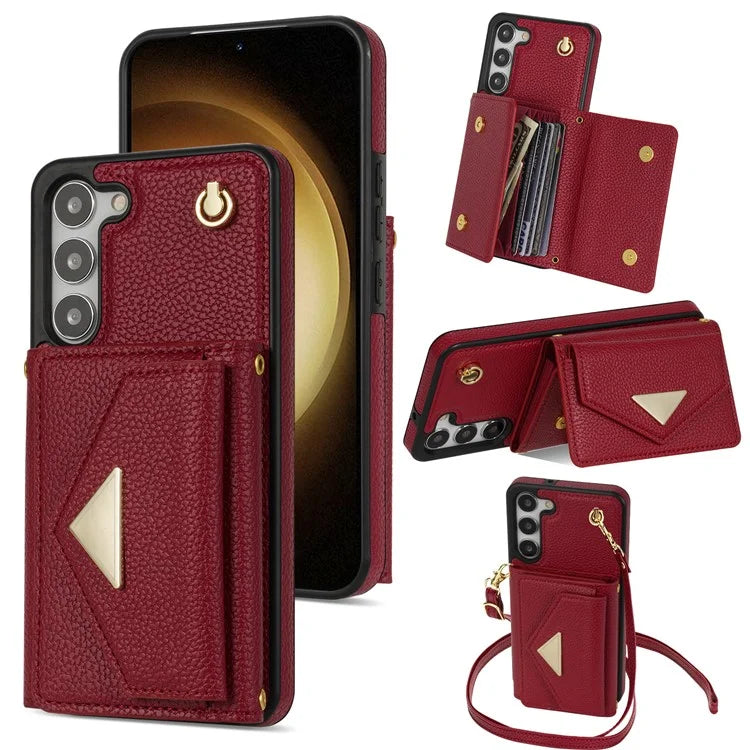 For Samsung Galaxy S23 Case PU Leather+TPU Shell with Card Bag + Shoulder Strap