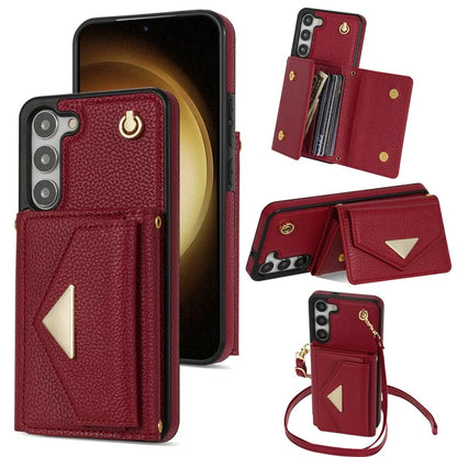 For Samsung Galaxy S23 Case PU Leather+TPU Shell with Card Bag + Shoulder Strap