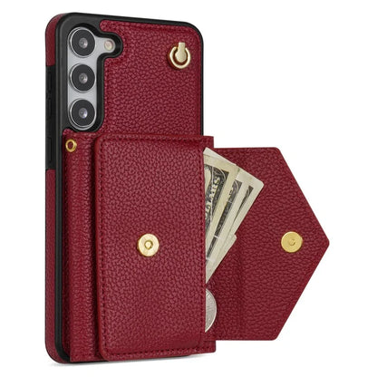 For Samsung Galaxy S23 Case PU Leather+TPU Shell with Card Bag + Shoulder Strap