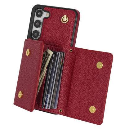 For Samsung Galaxy S23 Case PU Leather+TPU Shell with Card Bag + Shoulder Strap