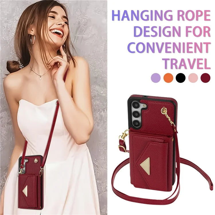 For Samsung Galaxy S23 Case PU Leather+TPU Shell with Card Bag + Shoulder Strap