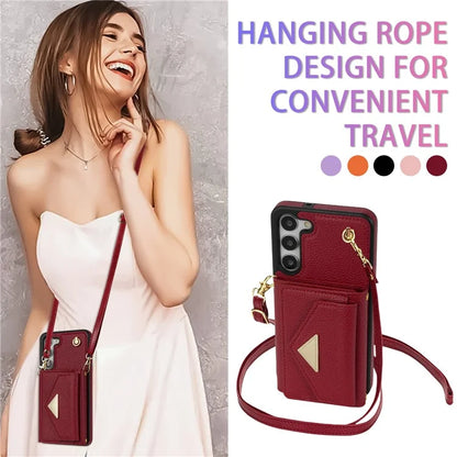 For Samsung Galaxy S23 Case PU Leather+TPU Shell with Card Bag + Shoulder Strap