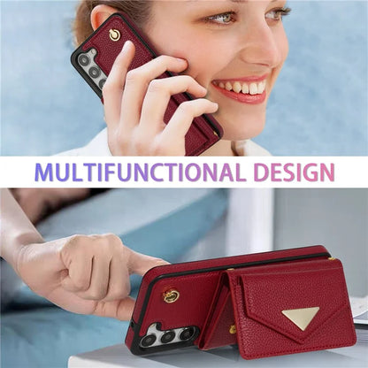 For Samsung Galaxy S23 Case PU Leather+TPU Shell with Card Bag + Shoulder Strap