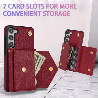 For Samsung Galaxy S23 Case PU Leather+TPU Shell with Card Bag + Shoulder Strap