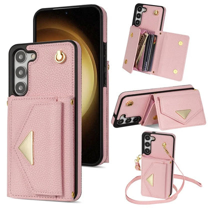 For Samsung Galaxy S23 Case PU Leather+TPU Shell with Card Bag + Shoulder Strap
