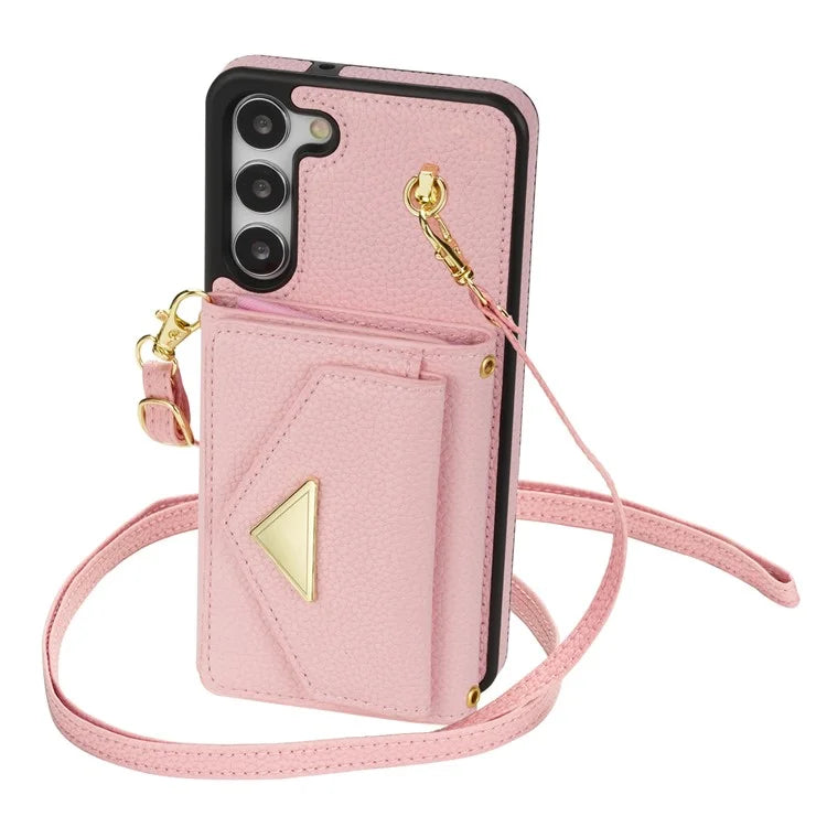 For Samsung Galaxy S23 Case PU Leather+TPU Shell with Card Bag + Shoulder Strap