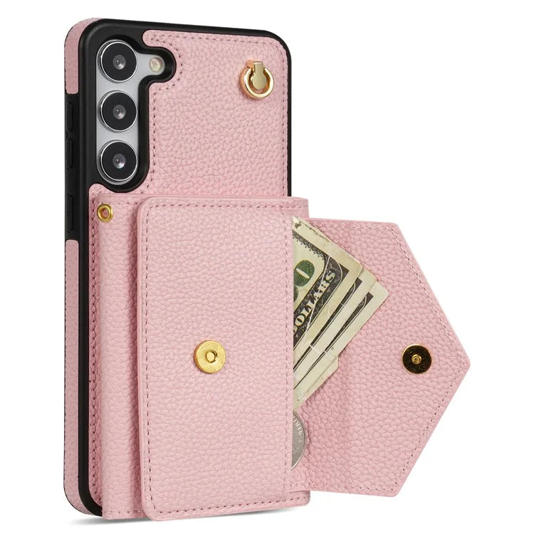 For Samsung Galaxy S23 Case PU Leather+TPU Shell with Card Bag + Shoulder Strap
