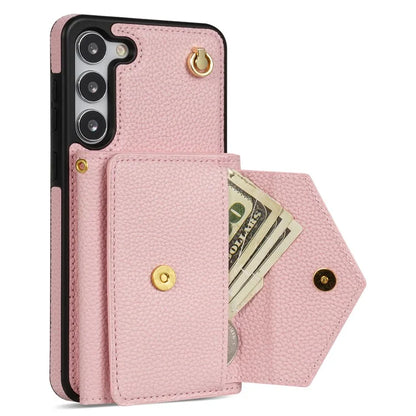 For Samsung Galaxy S23 Case PU Leather+TPU Shell with Card Bag + Shoulder Strap