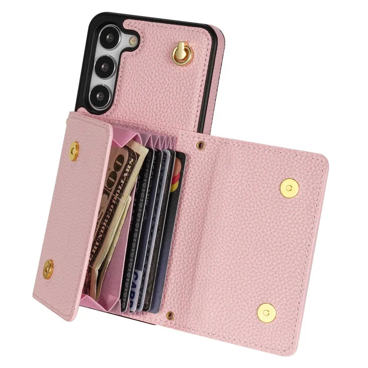 For Samsung Galaxy S23 Case PU Leather+TPU Shell with Card Bag + Shoulder Strap