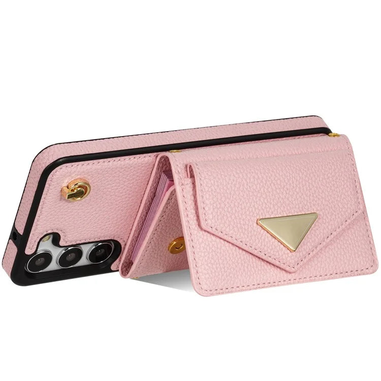 For Samsung Galaxy S23 Case PU Leather+TPU Shell with Card Bag + Shoulder Strap