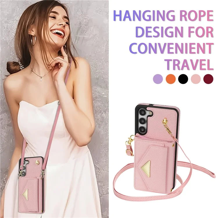 For Samsung Galaxy S23 Case PU Leather+TPU Shell with Card Bag + Shoulder Strap
