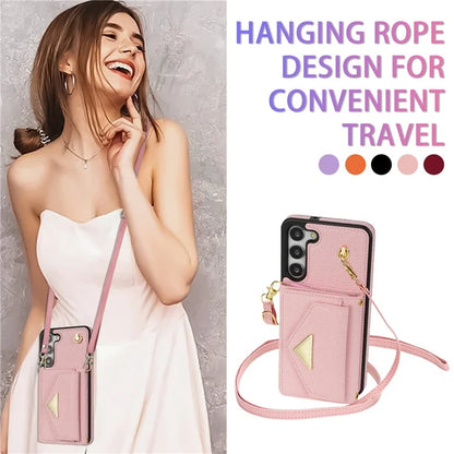 For Samsung Galaxy S23 Case PU Leather+TPU Shell with Card Bag + Shoulder Strap