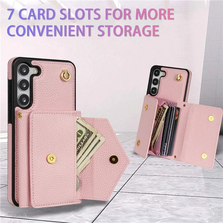 For Samsung Galaxy S23 Case PU Leather+TPU Shell with Card Bag + Shoulder Strap