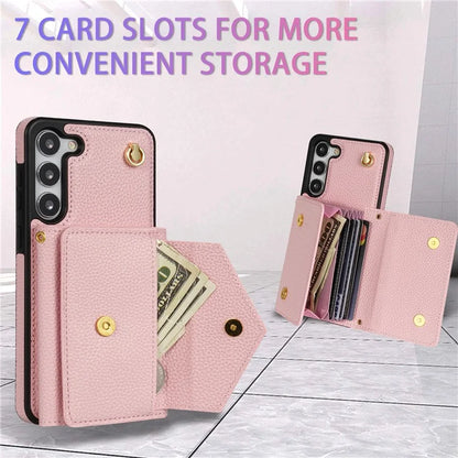For Samsung Galaxy S23 Case PU Leather+TPU Shell with Card Bag + Shoulder Strap