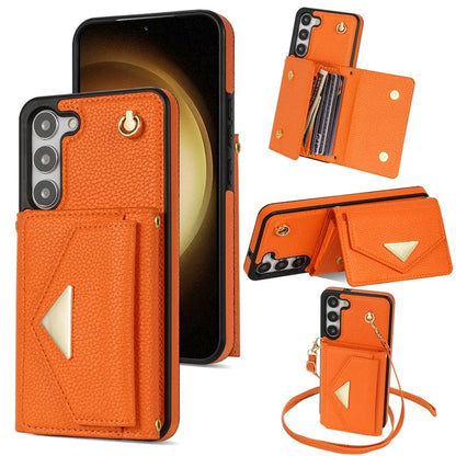 For Samsung Galaxy S23 Case PU Leather+TPU Shell with Card Bag + Shoulder Strap