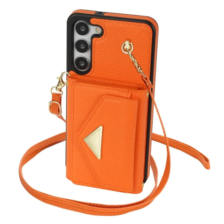 For Samsung Galaxy S23 Case PU Leather+TPU Shell with Card Bag + Shoulder Strap