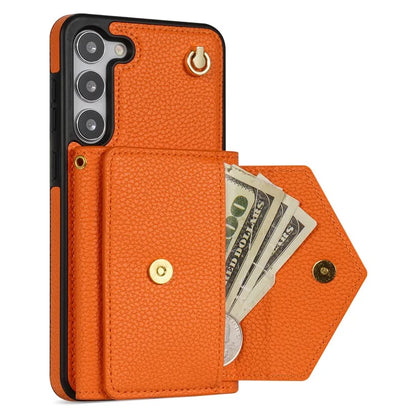 For Samsung Galaxy S23 Case PU Leather+TPU Shell with Card Bag + Shoulder Strap