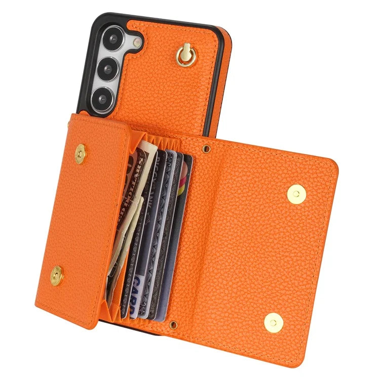 For Samsung Galaxy S23 Case PU Leather+TPU Shell with Card Bag + Shoulder Strap