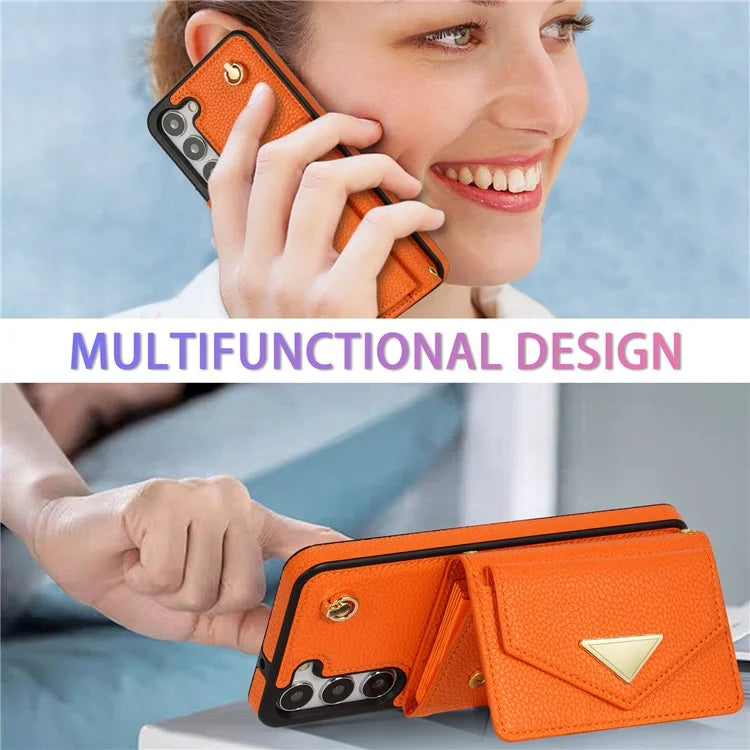 For Samsung Galaxy S23 Case PU Leather+TPU Shell with Card Bag + Shoulder Strap