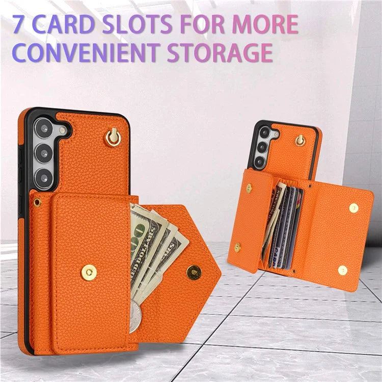 For Samsung Galaxy S23 Case PU Leather+TPU Shell with Card Bag + Shoulder Strap
