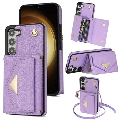 For Samsung Galaxy S23 Case PU Leather+TPU Shell with Card Bag + Shoulder Strap