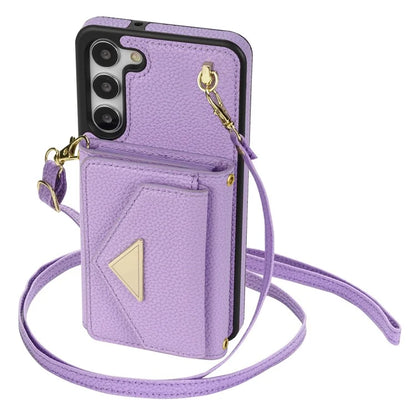 For Samsung Galaxy S23 Case PU Leather+TPU Shell with Card Bag + Shoulder Strap