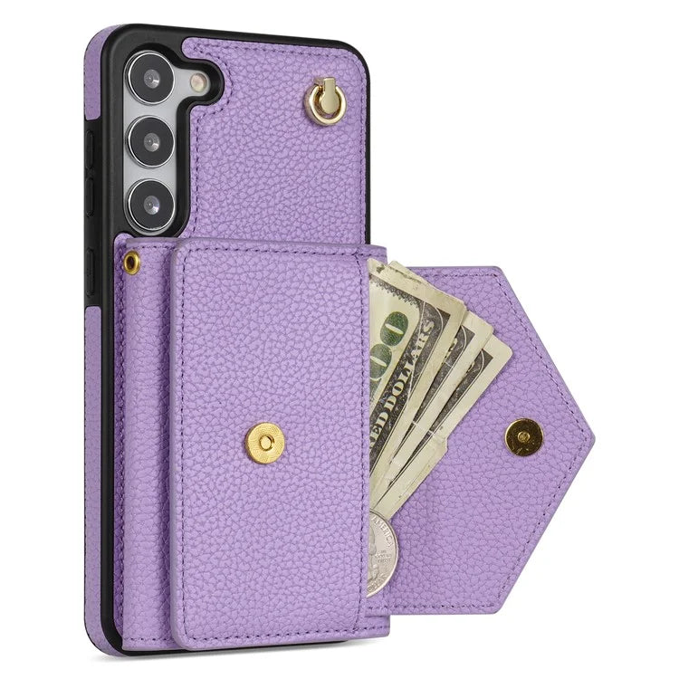 For Samsung Galaxy S23 Case PU Leather+TPU Shell with Card Bag + Shoulder Strap