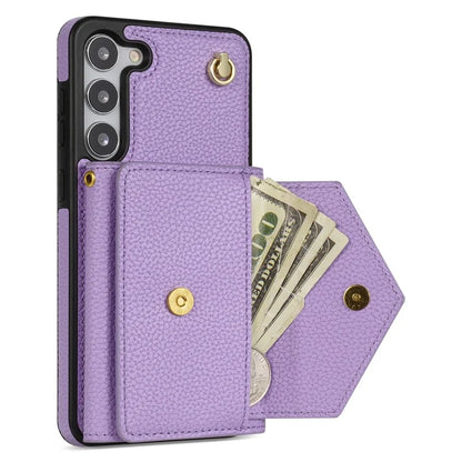 For Samsung Galaxy S23 Case PU Leather+TPU Shell with Card Bag + Shoulder Strap