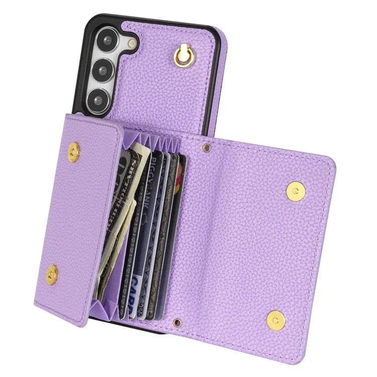 For Samsung Galaxy S23 Case PU Leather+TPU Shell with Card Bag + Shoulder Strap