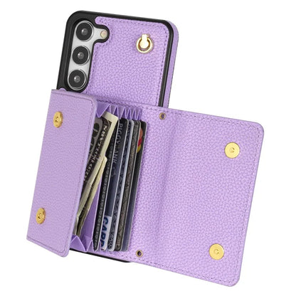 For Samsung Galaxy S23 Case PU Leather+TPU Shell with Card Bag + Shoulder Strap