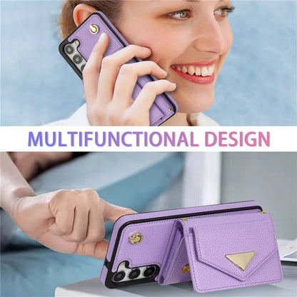 For Samsung Galaxy S23 Case PU Leather+TPU Shell with Card Bag + Shoulder Strap