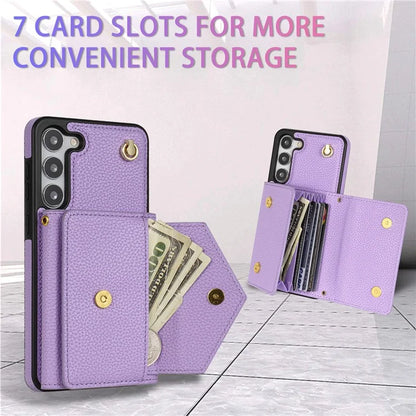 For Samsung Galaxy S23 Case PU Leather+TPU Shell with Card Bag + Shoulder Strap